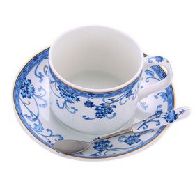 Ceramic Coffee Cup Set British Afternoon Tea Mug With Plate&Spoon (Blue White)