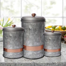 Galvanized Metal Canisters With Copper Band; Set of Three