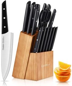 Cookit 15 Pieces Kitchen Knife Set with Pine Block Holder, Knife Block Set with Sharpener, High Stainless Steel Knives with Comf
