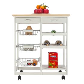 Moveable Kitchen Cart with Two Drawers & Two Wine Racks & Three Baskets White  YJ