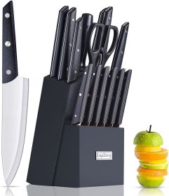 Knife Set with Block;  LapEasy 15 Pieces Kitchen Knife Set with Pine Block Holder;  Knife Block Set with Sharpener;  High Stainless Steel Knives with