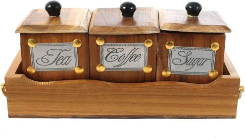 WILLART Handcrafted Teak Wood 3 Container Set in Wooden Tray