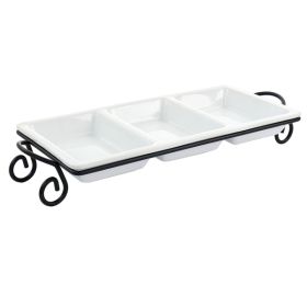 3 Section Divided Porcelain Serving Tray with Metal Rack